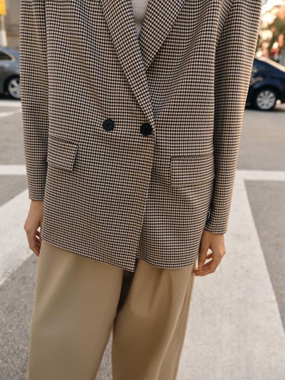 Zara Houndstooth Double-Breasted Blazer in Brown and Black